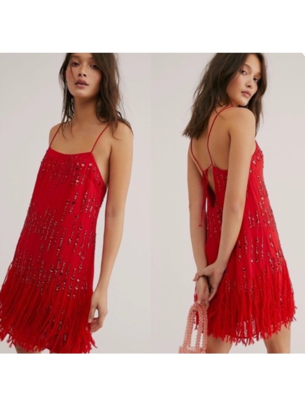Free People Women’s Red Fringe Sequin Mini Dress Adjustable Straps Tie Back Sz S